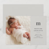 Gray Monogram 1-Foto New Baby Birth Ankündigung (Vorne/Hinten)