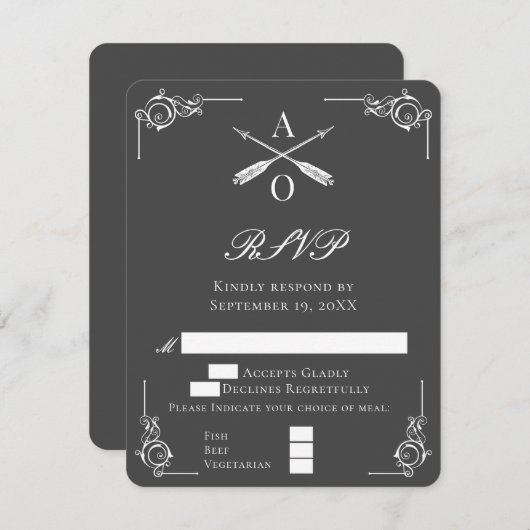 Gray Monogram und Arrows Wedding RSVP Card (Vorne/Hinten)