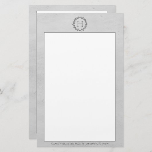 Gray Monogram Wreath Briefpapier (Vorne/Hinten)