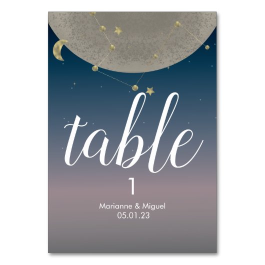 Gray Moon Constellation Ombre Sky Wedding Tischnummer (Vorderseite)