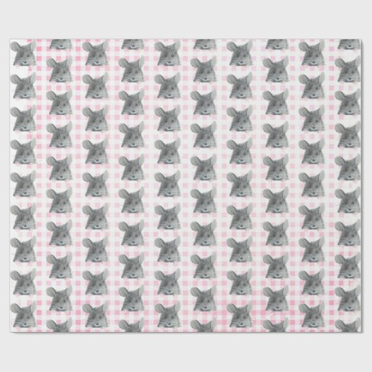 Gray Mouse auf Gingham Geschenkpapier (Flach)