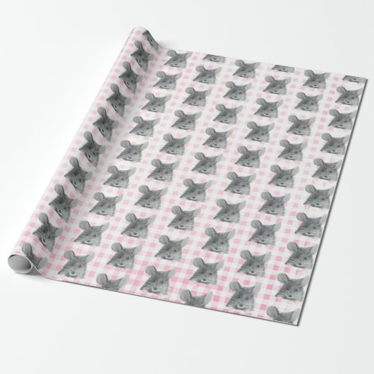 Gray Mouse auf Gingham Geschenkpapier (Ungerollt)
