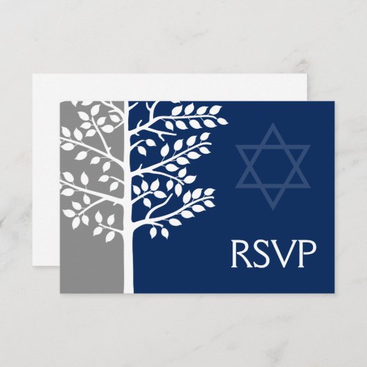 Gray Navy Blauer Baum des Lebens Bar Mitzvah UAWG RSVP Karte (Vorne/Hinten)