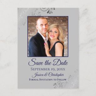 Gray & Navy Blue Lacy Wedding Save the Date Foto Ankündigungspostkarte