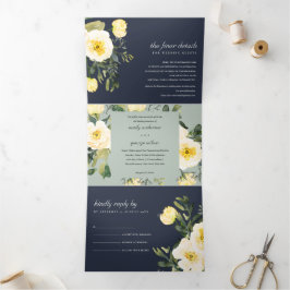 GRAY NAVY YELLOW PEONY FLORAL WATERCOLOR WEDD DREIFACH GEFALTETE EINLADUNG