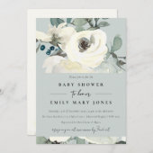 GRAY NEUTRAL IVORL WHITE FLORAL BABY DUSCHE EINLADUNG (Vorne/Hinten)