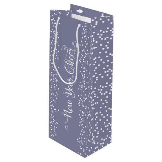 Gray New Year Cheer Elegante Moderne Weiße Schneef Geschenktüte Für Weinflaschen (Vorderseite Schrägansicht)
