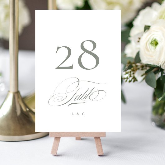 Gray on White Elegant Calligraphy Wedding Tischnummer