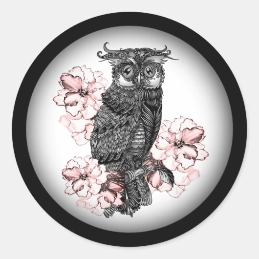 Gray Owl Pink Orchids Runder Aufkleber (Vorderseite)