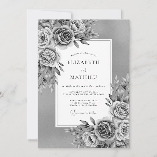 Gray Painterly Floral Romance Wedding Einladung (Vorderseite)