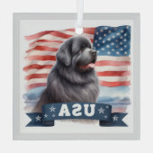Gray Patriotic Newfoundland Square Glass Ornament (Rückseite)