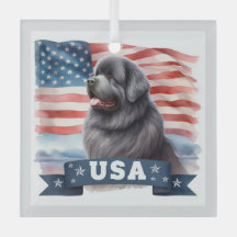 Gray Patriotic Newfoundland Square Glass Ornament