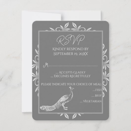 Gray Peacock Blüh Wedding RSVP Card (Vorderseite)