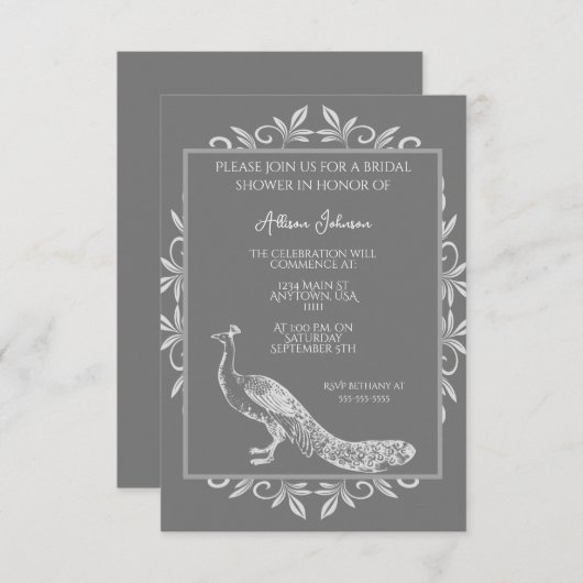 Gray Peacock Blühtest Bridal Dusche Einladung (Vorne/Hinten)
