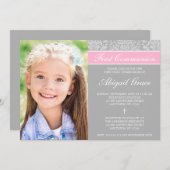 Gray Pink Damask Girl Foto Erste Kommune Einladung (Vorne/Hinten)