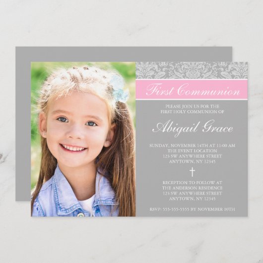 Gray Pink Damask Girl Foto Erste Kommune Einladung (Vorne/Hinten)