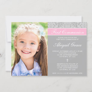 Gray Pink Damask Girl Foto Erste Kommune Einladung