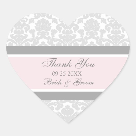Gray Pink Damask Vielen Dank Gastgeschenk Hochzeit Herz-Aufkleber (Vorderseite)