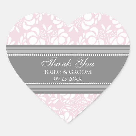 Gray Pink Damask Vielen Dank Gastgeschenk Hochzeit Herz-Aufkleber (Vorderseite)