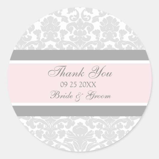 Gray Pink Damask Vielen Dank Gastgeschenk Hochzeit Runder Aufkleber (Vorderseite)