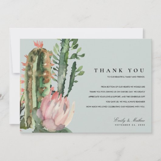 GRAY PINK DESERT CACTUS FLORAL WATERCOLOR WEDD DANKESKARTE (Vorderseite)