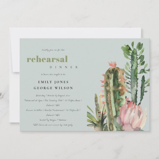 GRAY PINK FLORAL CACTI FOLIAGE PROBE DINNER EINLADUNG (Vorderseite)