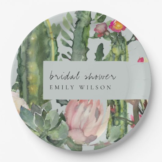 GRAY PINK FLORAL DESERT CACTI FAUNA BRAUTPARTY PAPPTELLER (Vorderseite)