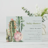 GRAY PINK FLORAL DESERT CACTI FOLIAGE BABY DUSCHE EINLADUNG (Stehend Vorderseite)