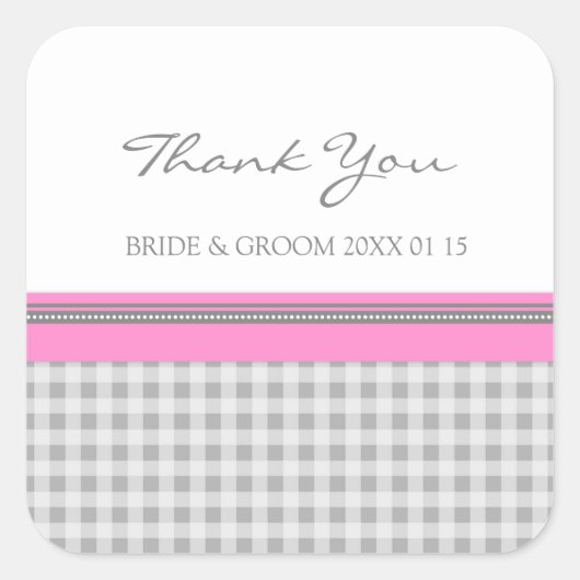 Gray Pink Gingham Vielen Dank Gastgeschenk Hochzei Quadratischer Aufkleber (Vorderseite)