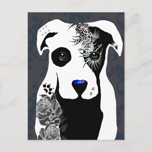 Gray Pit bull dog tattoos and piercing rose Postkarte (Vorderseite)