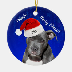 Gray Pit Bull mit Weihnachtsmannmütze Merry Pitma Keramik Ornament