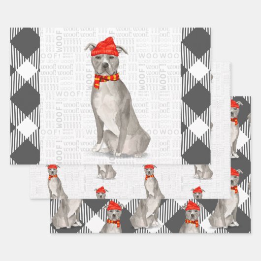 Gray Pitbull Staffordishire Christmas Dog Kariert Geschenkpapier Set (Set)