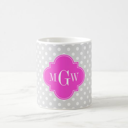 Gray Polka Dot Hot Pink Quatrefolie 3 Monogramm Kaffeetasse (Mittel)