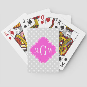 Gray Polka Dot Hot Pink Quatrefolie 3 Monogramm Spielkarten