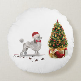 Gray Poodle Funny Christmas Dog mit Baum Rundes Kissen