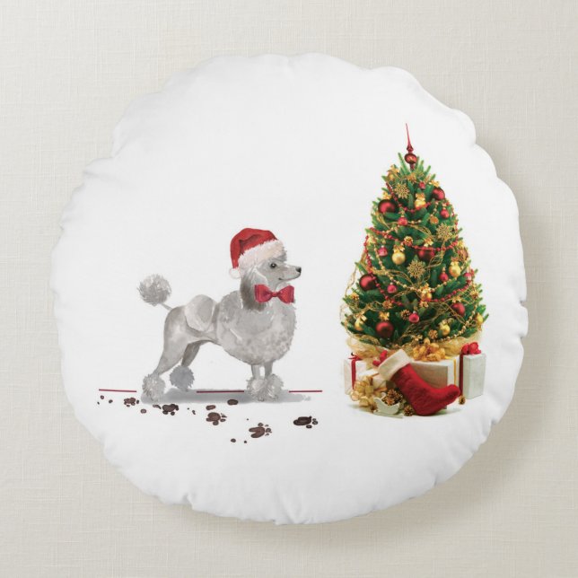 Gray Poodle Funny Christmas Dog mit Baum Rundes Kissen (Vorderseite)