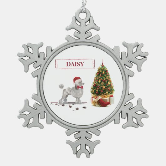 Gray Poodle Funny Christmas Dog mit Baum Schneeflocken Zinn-Ornament (Vorderseite)