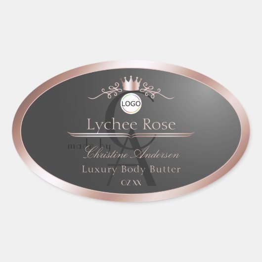 Gray Product Label Rose Gold Frame Logo Monogram Ovaler Aufkleber (Vorderseite)