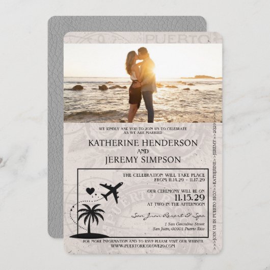 Gray Puerto Rico Passport Wedding Einladung (Vorne/Hinten)