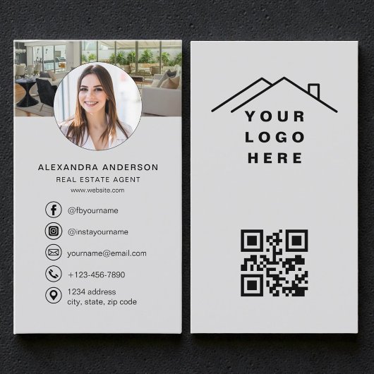 Gray QR Code Real Estate Agent Photo Logo Visitenkarte