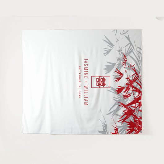 Gray & Red Bamboo Blätter Chinesischer Hochzeitsta Wandteppich (Vorderseite (Horizontal))