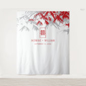 Gray & Red Bamboo Blätter Chinesischer Hochzeitsta Wandteppich (Vorderseite)