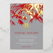 Gray & Red Bamboo Blätter Double Xi Chinese Weddin Folieneinladung (Vorderseite)