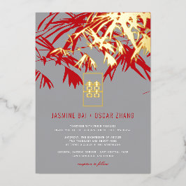 Gray & Red Bamboo Blätter Double Xi Chinese Weddin Folieneinladung