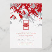 Gray & Red Bamboo Blätter Double Xi Chinese Weddin Folieneinladung (Rückseite)
