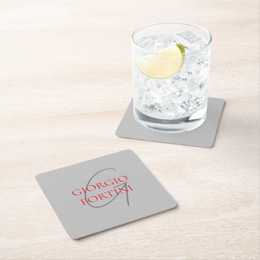 Gray Red Your Name Initial Monogram Modern Rechteckiger Pappuntersetzer (Vor Ort)