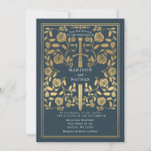 Gray Royal Medieval Gold Sword Wedding QR Code Einladung (Vorderseite)