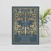 Gray Royal Medieval Gold Sword Wedding QR Code Einladung (Stehend Vorderseite)