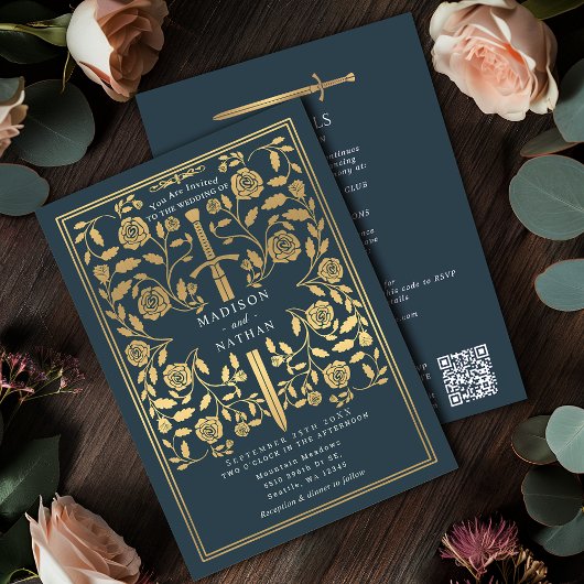 Gray Royal Medieval Gold Sword Wedding QR Code Einladung