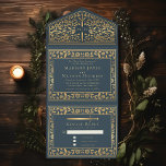 Gray Royal Medieval Sword Wedding All In One Einladung<br><div class="desc">Feiern Sie Ihren besonderen Tag mit diesem königlich-mittelalterlichen Schwert Hochzeitsdesign. Das Design auf der Rückseite des Einladens ist KEINE echte Goldfolie. Sie können dies durch einen Klick auf "PERSONALISIEREN" weiter anpassen.</div>